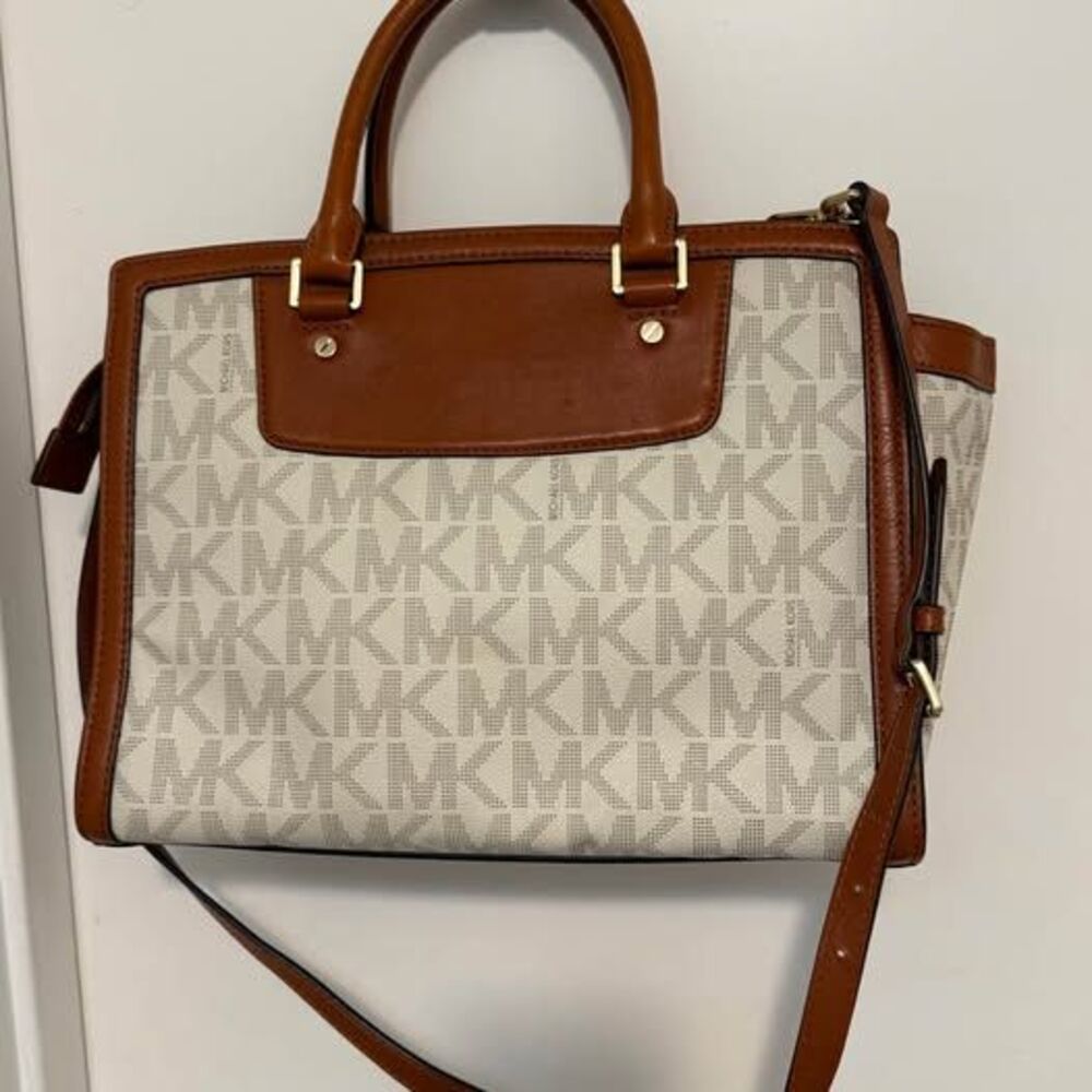 Michael Kors Signature Medium Satchel Crossbody Handbag - Off-White/Luggage Brow - Picture 6 of 10